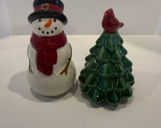Snowman and Christmas Tree Ceramic Salt and Pepper Shakers - Asking $20