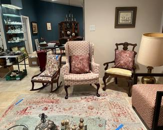 Wing back chair
Antique mini rocker
Queen Ann side chair
Brass tall table lamp
Glass coffee table with glass top