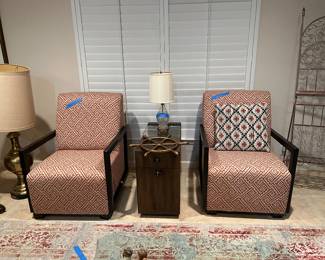 Contemporary chairs and end table with glass shelves
