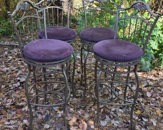 Vtg. metal bar stools with purple seat cushions