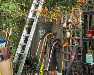 Lawn & yard tools including extension ladder, trimmer, snow shovels, pole lopper