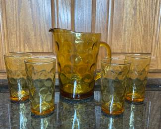 vintage Hazel-Atlas "El Dorado" amber glass pitcher and tumbler