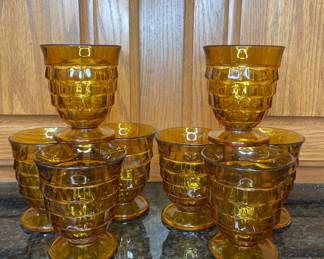 Indiana Glass Whitehall Amber Cubist Footed Tumblers