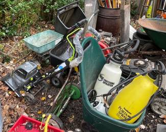 Hand pump sprayers, Earthwise electric tiller, seed spreaders, American mower