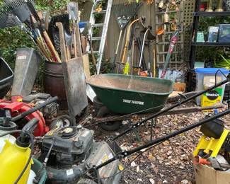 True Temper wheelbarrow, lawn mowers, gas wood chipper