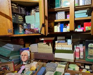 Basement. Down the stairs to the right in the kids and Avon area. Full boxes of Avon