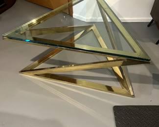 $75–glass and brass coffee table (lots of scratching on brass)