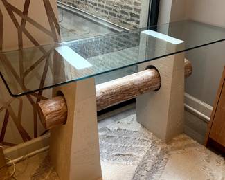 $175–glass, wood, and plaster console table