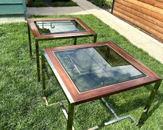 $115–brass and wood smoked glass side tables (pair)