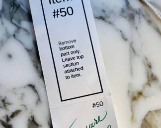HEADS UP! If you want to purchase an item that has a ticket like this, please tear off the bottom portion (at the perforation) and hold on to it for check out... Leave the top part on the item.