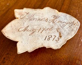 Signed and dated, antique yellow ware ornament/paper weight (detail)...