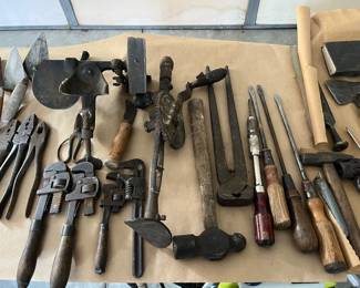 VINTAGE TOOLS - PIPE WRENCHES, WOOD HANDLE SCREW DRIVERS, PLIERS