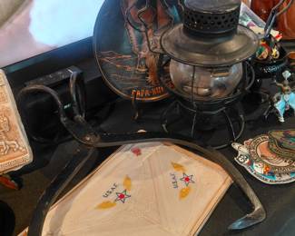 Old railroad lamp, old ice tongs, old hankies