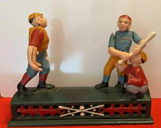 Vintage Cast Iron 1950s Baseball Coin Bank Mechanical Home Town Battery