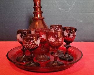 Red Cordial Set 6 Glasses, Tray Decanter
