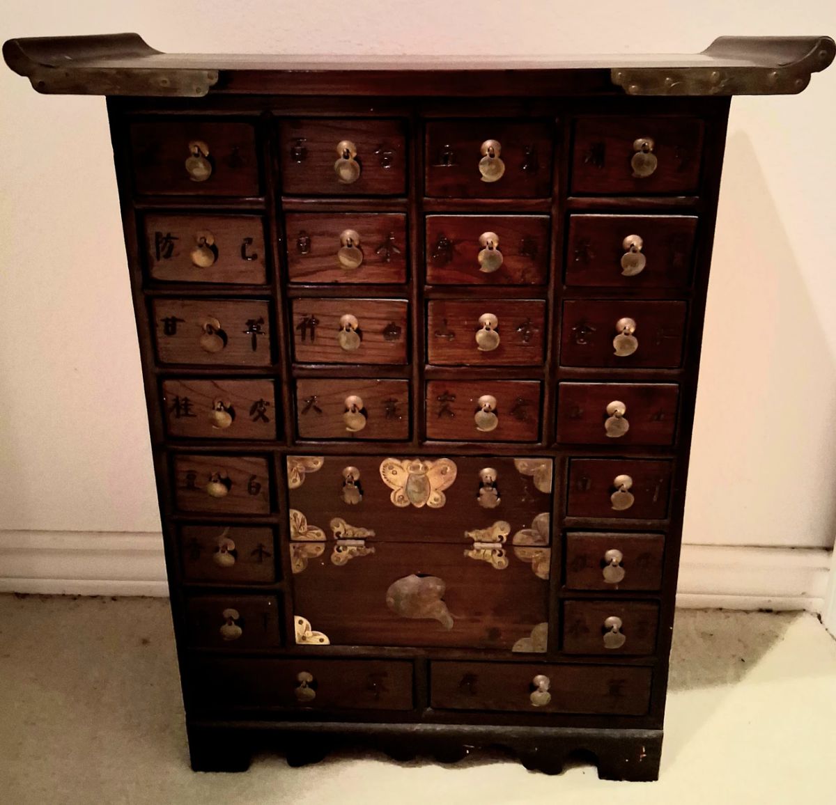 Stunning antique Korean Elmwood Apothocary Chest w/24 drawers, center console and brass hardware