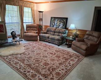 A pair of taupe electric recliners, area rugs, three antique Korean mother of pearl tables and more!!