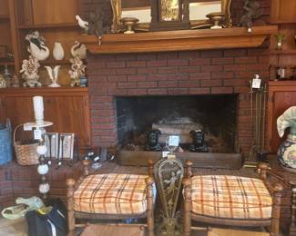 Fireside stools , brass fan screen , bulldog dog irons