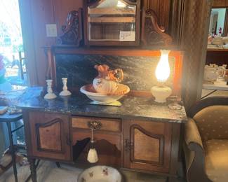 Antique Washstand , milk glass Fenton lamp