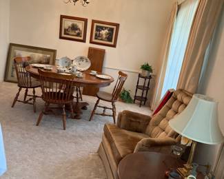 Ethan Allen Dining Room Set, Velvet chair, Ethan Allen End Table, & 3 tier plant stand 1970s