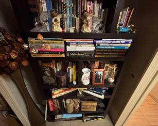 A bunch of books for $1. The bookcase is not for sale. All decorative items are in this location of the basement is $5.00