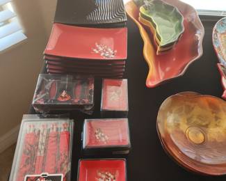 Asian Fusion Red & Black Sushi Dinnerware Set – Plates, Bowls, Dipping Dishes & Chopsticks