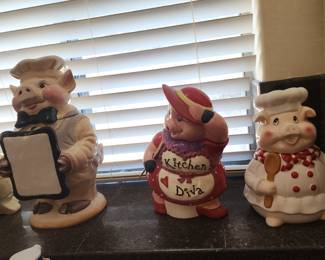 Vintage Ceramic Pig Cookie Jar Trio – Chef Pig, Kitchen Diva, and Baker Pig Farmhouse Kitchen Decor