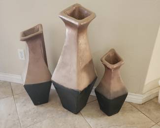 Set of 3 Tall Geometric Floor Vases – Modern Southwestern Two-Tone Black & Bronze Ceramic Decor
