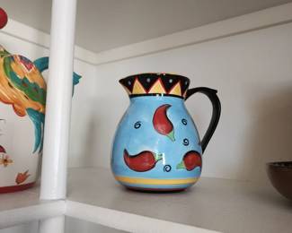 Southwestern Hand Painted Chili Pepper Pitcher – Colorful Blue Ceramic Folk Art Jug