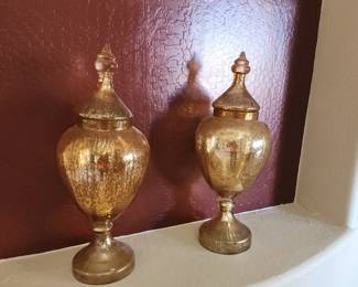 Pair of Gold Mercury Glass Apothecary Jars – Lidded Decorative Urns, Glam Home Decor
