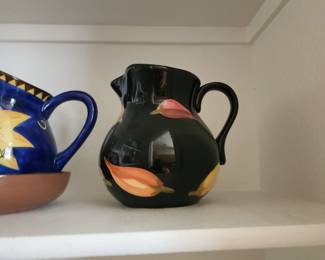 Hand Painted Black Ceramic Pitcher with Floral Design – Artisan Pottery Southwest Decor