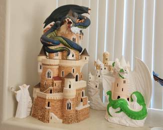 Fantasy Dragon Castle Figurine Collection – Hand-Painted Wizard Tower & Dragon Sculpture Set