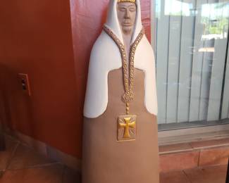 Southwestern Clay Monk Sculpture – Handcrafted Religious Art Figurine with Gold Cross