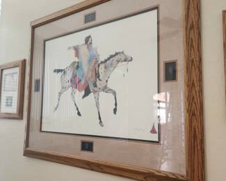 Framed Southwestern Native American Rider Print on Appaloosa Horse – Signed Western Art