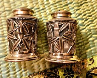 Bamboo silver and glass salt n pepper 19th c