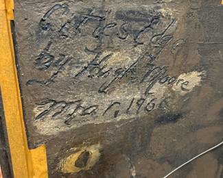 Painting by Hugh Moore, dated and signed by artist. Title "City's Edge" an abstract painting on wood depicting the Corpus Christi Downtown Area the old bridge leading to Portland with many iconic scenes within such as the Columbus Fleet. these pictures do not capture the beauty of this piece. It is an oversized painting and will bring not only nostalgia but great beauty to enhance your home.