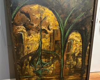 Painting by Hugh Moore, dated and signed by artist. Title "City's Edge" an abstract painting on wood depicting the Corpus Christi Downtown Area the old bridge leading to Portland with many iconic scenes within such as the Columbus Fleet. these pictures do not capture the beauty of this piece. It is an oversized painting and will bring not only nostalgia but great beauty to enhance your home.