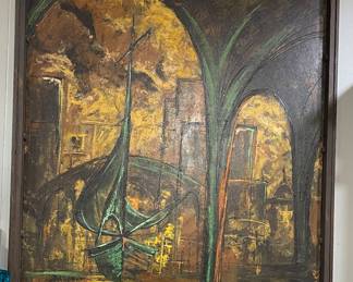 Painting by Hugh Moore, dated and signed by artist. Title "City's Edge" an abstract painting on wood depicting the Corpus Christi Downtown Area the old bridge leading to Portland with many iconic scenes within such as the Columbus Fleet. these pictures do not capture the beauty of this piece. It is an oversized painting and will bring not only nostalgia but great beauty to enhance your home.