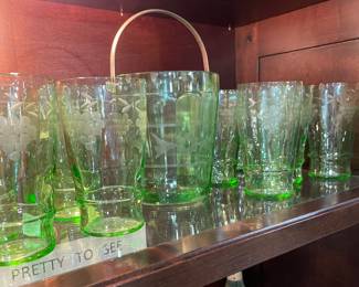 Depression Glass Set with Ice Bucket, Uranium Glassware with elegant etching of a grapevine.