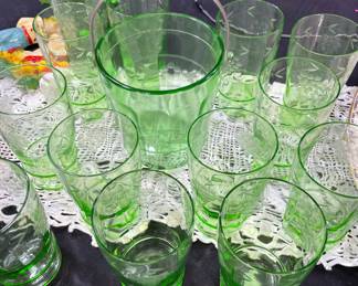 Depression Glass Set with Ice Bucket, Uranium Glassware with elegant etching of a grapevine.