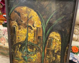 Painting by Hugh Moore, dated and signed by artist. Title "City's Edge" an abstract painting on wood depicting the Corpus Christi Downtown Area the old bridge leading to Portland with many iconic scenes within such as the Columbus Fleet. these pictures do not capture the beauty of this piece. It is an oversized painting and will bring not only nostalgia but great beauty to enhance your home.