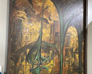 Painting by Hugh Moore, dated and signed by artist. Title "City's Edge" an abstract painting on wood depicting the Corpus Christi Downtown Area the old bridge leading to Portland with many iconic scenes within such as the Columbus Fleet. these pictures do not capture the beauty of this piece. It is an oversized painting and will bring not only nostalgia but great beauty to enhance your home.