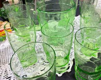 Depression Glass Set with Ice Bucket, Uranium Glassware with elegant etching of a grapevine.