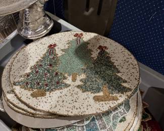 S Kirk & Son Sterling flatware, World War I US Signal Corps mirror, Jim Shore Christmas decor, beaded holiday placemats