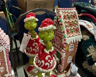 S Kirk & Son Sterling flatware, World War I US Signal Corps mirror, Jim Shore Christmas decor, beaded holiday placemats, The Grinch is in the Gingerbread houses