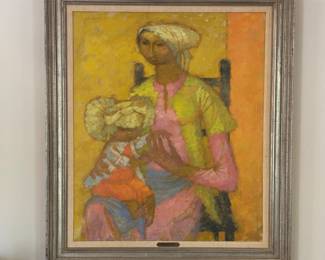 “Mother and Child” original oil painting by British Helen Jean Young artist-1912-2003. She was influenced by Persian, Italian and Indian art who specialized in figure compositions, landscapes and birds.