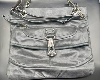 B. Makowski Black Leather Shoulder Bag w/ silver trim