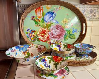 MacKenzie-Childs “Flower Market” enamelware serving pieces. 