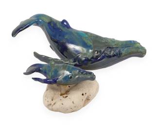A Late 20th Century Glazed Ceramic Humpback Whale and Calf Sculpture on Natural Stone Base