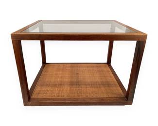 Mid-Century Modern Two-Tier Side Table with Glass Top and Cane Shelf